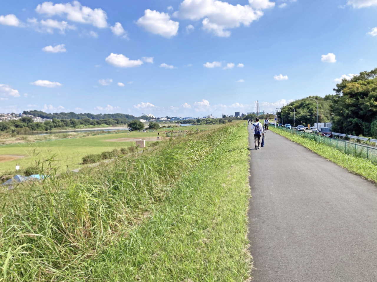 幅員が狭く歩行者の多い多摩川サイクリングロードで河口へ向かう